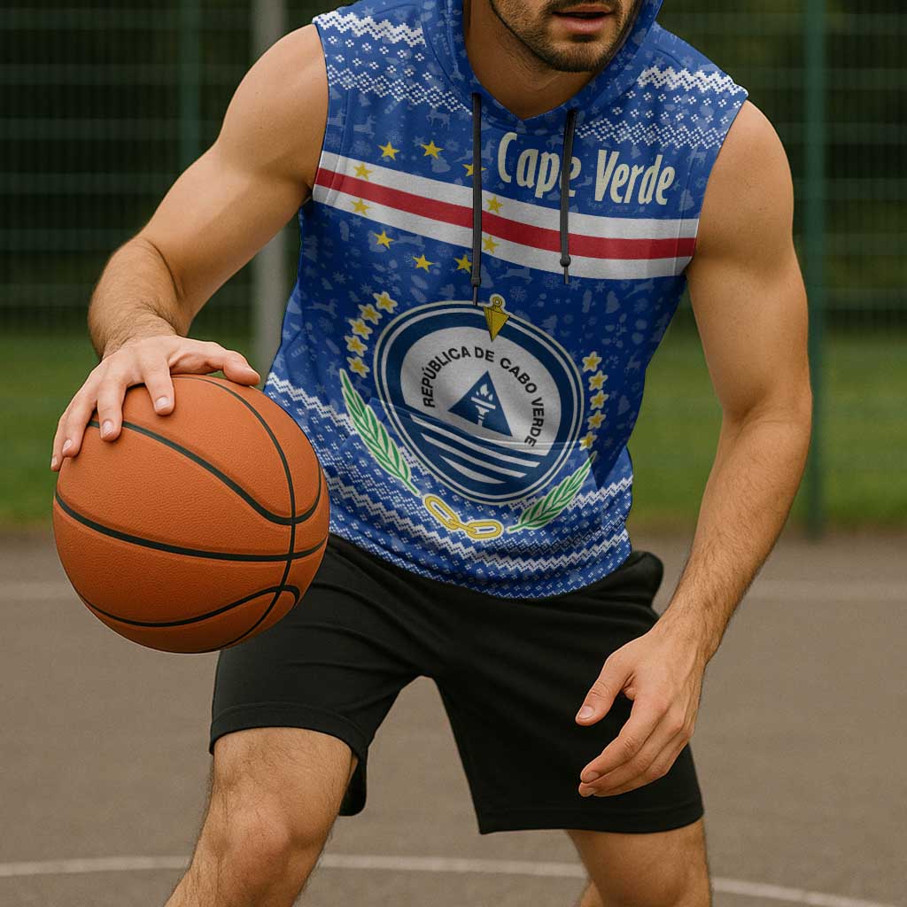 Cape Verde Christmas Sleeveless Hoodie with Blue Festive Pattern Sailing Santa and National Emblem Motif - Wonder Print Shop