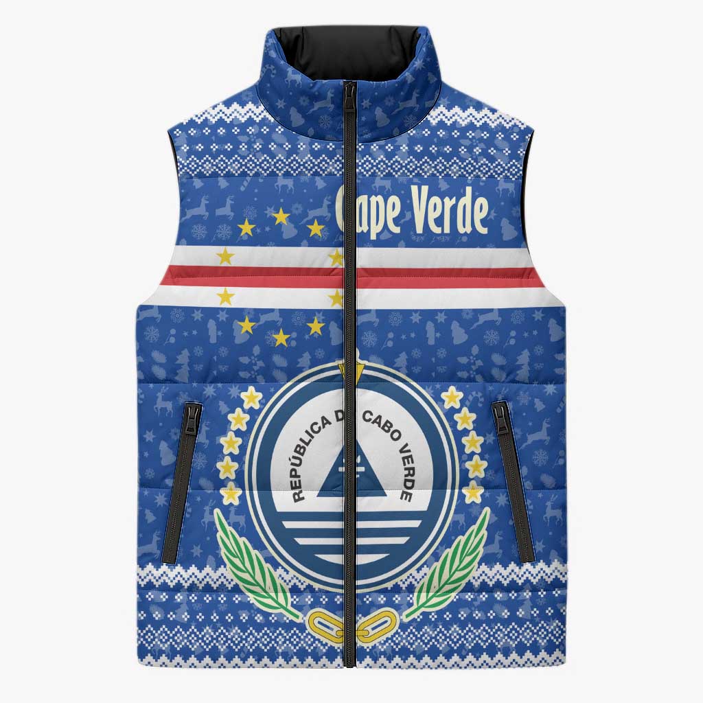Cape Verde Christmas Sleeveless Puffer Jacket with Blue Festive Pattern Sailing Santa and National Emblem Motif - Wonder Print Shop