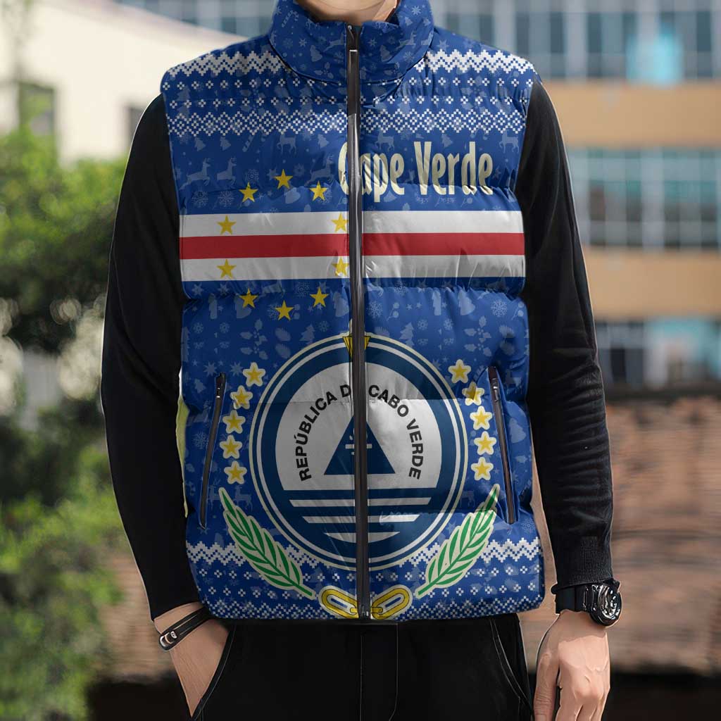 Cape Verde Christmas Sleeveless Puffer Jacket with Blue Festive Pattern Sailing Santa and National Emblem Motif - Wonder Print Shop