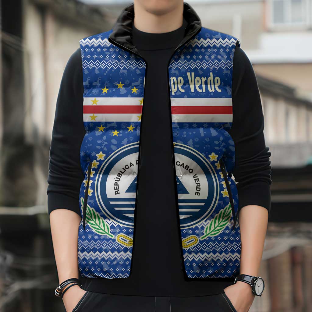 Cape Verde Christmas Sleeveless Puffer Jacket with Blue Festive Pattern Sailing Santa and National Emblem Motif - Wonder Print Shop