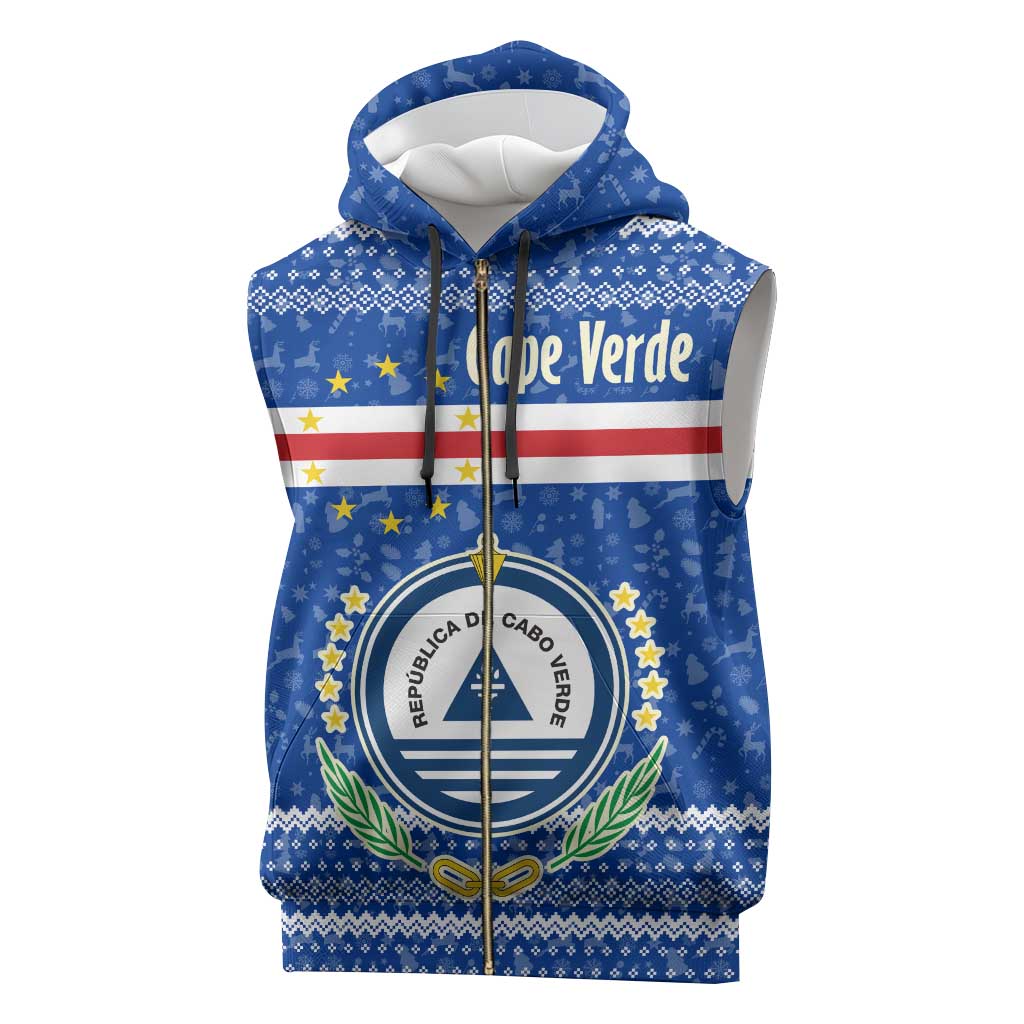 Cape Verde Christmas Sleeveless Zip Hoodie with Blue Festive Pattern Sailing Santa and National Emblem Motif - Wonder Print Shop