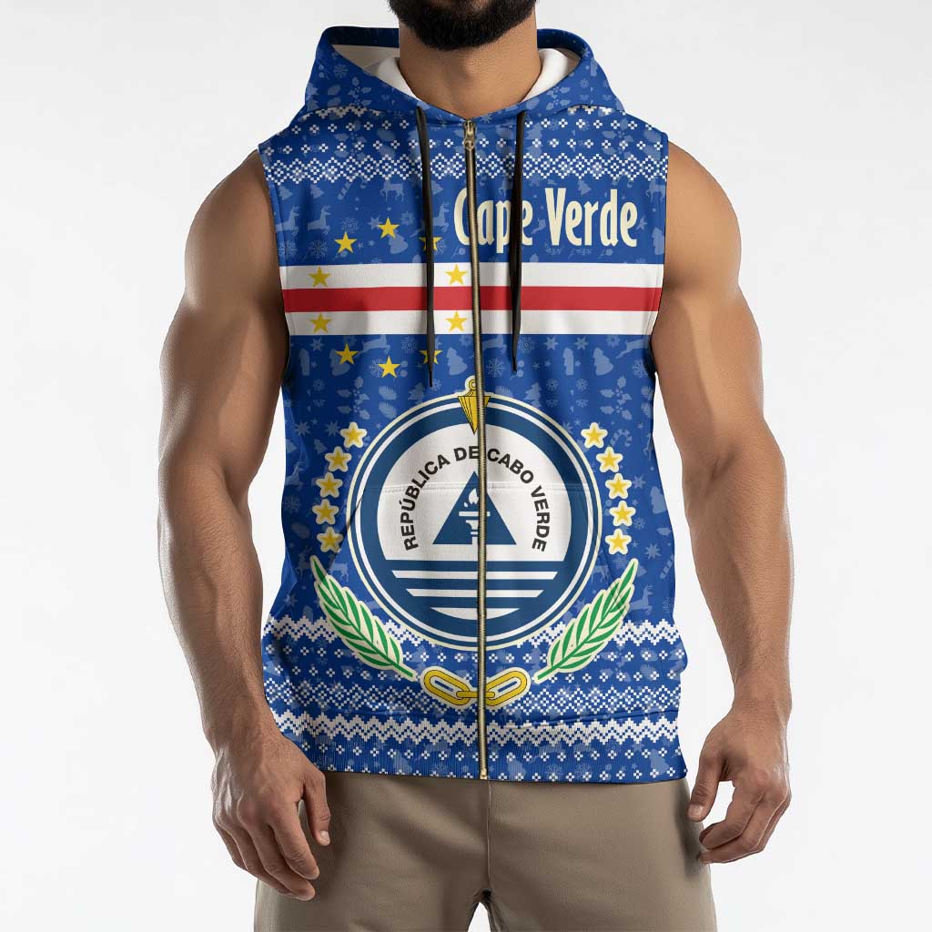 Cape Verde Christmas Sleeveless Zip Hoodie with Blue Festive Pattern Sailing Santa and National Emblem Motif - Wonder Print Shop