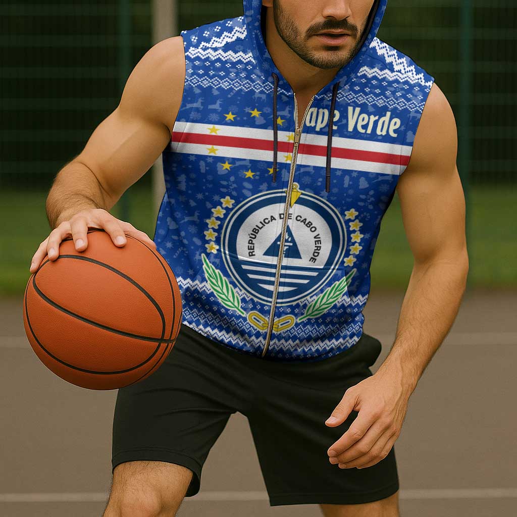 Cape Verde Christmas Sleeveless Zip Hoodie with Blue Festive Pattern Sailing Santa and National Emblem Motif - Wonder Print Shop