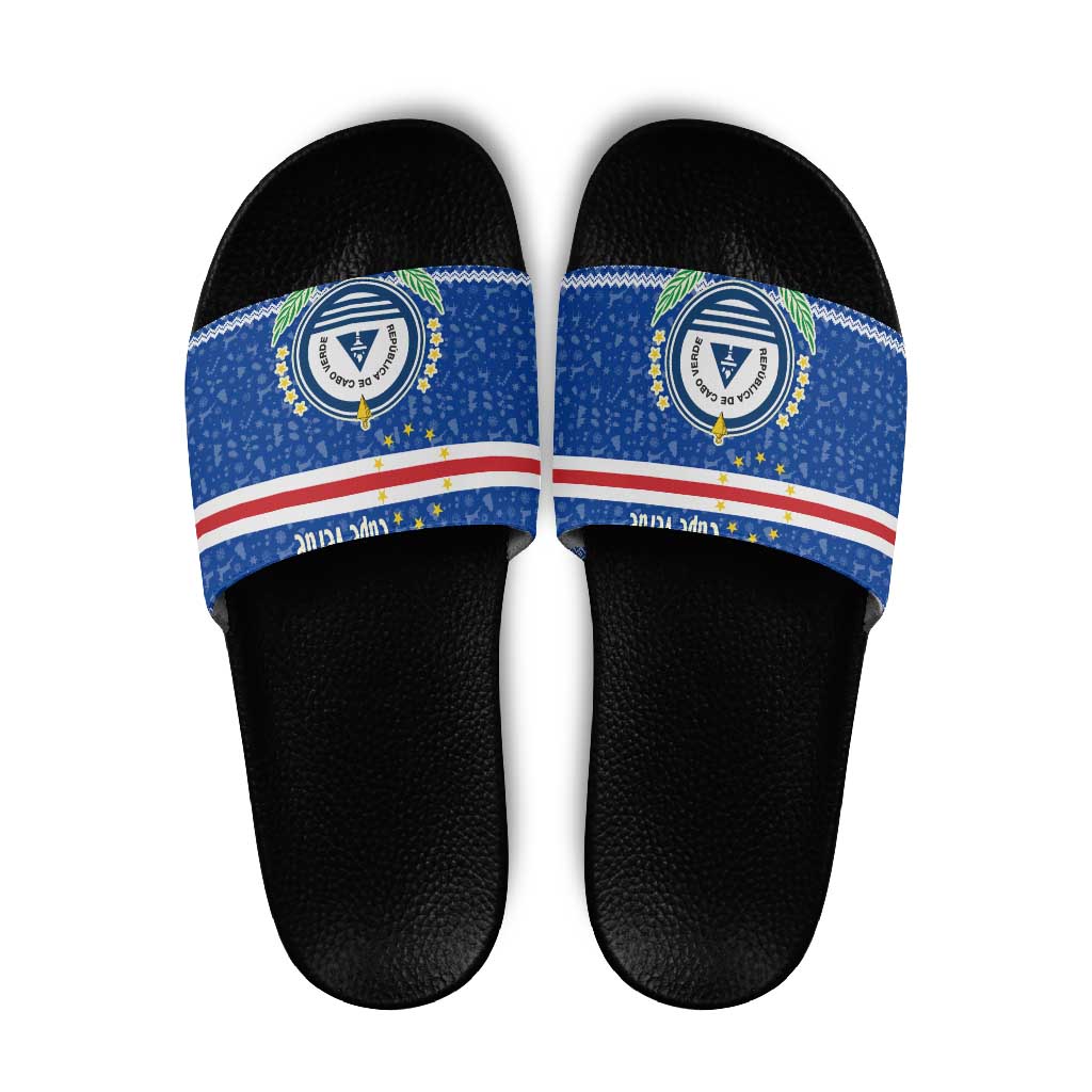 Cape Verde Christmas Slide Sandals with Blue Festive Pattern Sailing Santa and National Emblem Motif - Wonder Print Shop