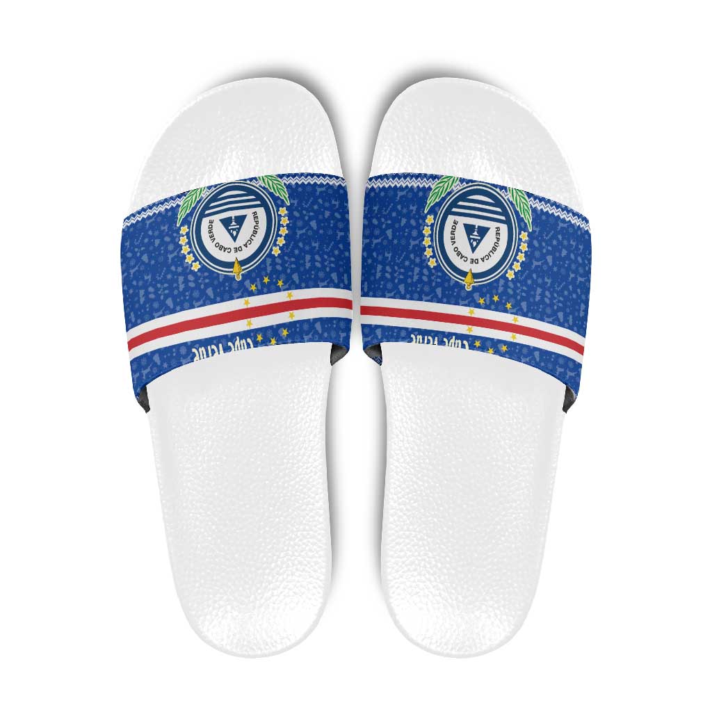 Cape Verde Christmas Slide Sandals with Blue Festive Pattern Sailing Santa and National Emblem Motif - Wonder Print Shop