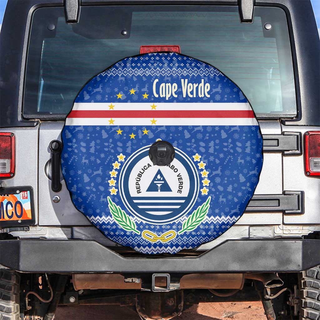 Cape Verde Christmas Spare Tire Cover with Blue Festive Pattern Sailing Santa and National Emblem Motif - Wonder Print Shop