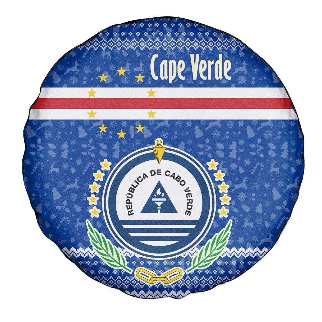 Cape Verde Christmas Spare Tire Cover with Blue Festive Pattern Sailing Santa and National Emblem Motif - Wonder Print Shop
