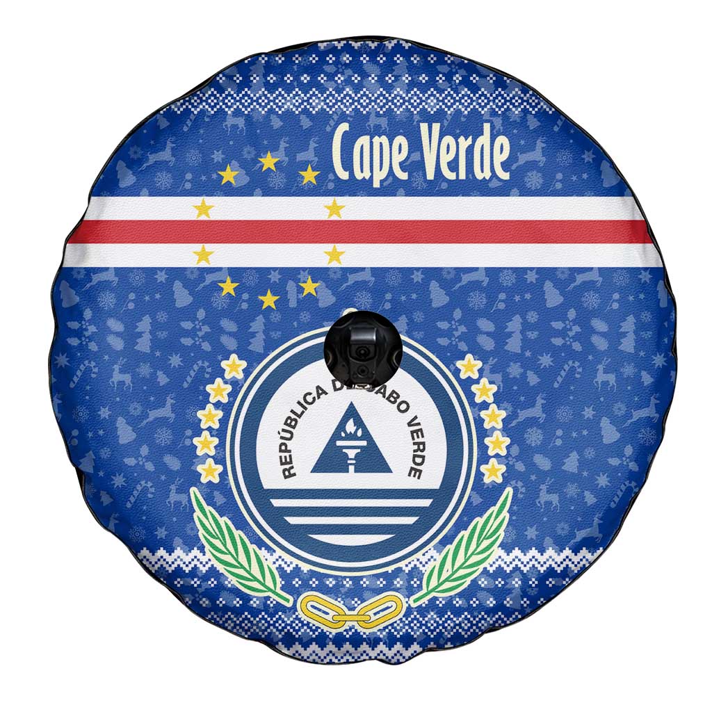 Cape Verde Christmas Spare Tire Cover with Blue Festive Pattern Sailing Santa and National Emblem Motif - Wonder Print Shop