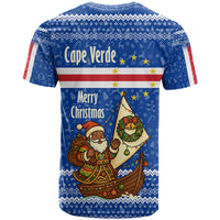 Cape Verde Christmas T Shirt with Blue Festive Pattern Sailing Santa and National Emblem Motif - Wonder Print Shop