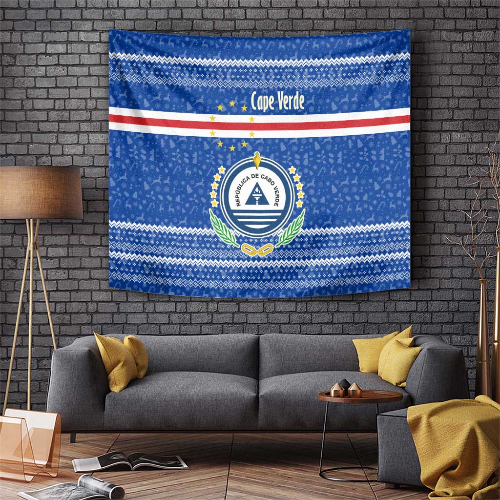 Cape Verde Christmas Tapestry with Blue Festive Pattern Sailing Santa and National Emblem Motif - Wonder Print Shop