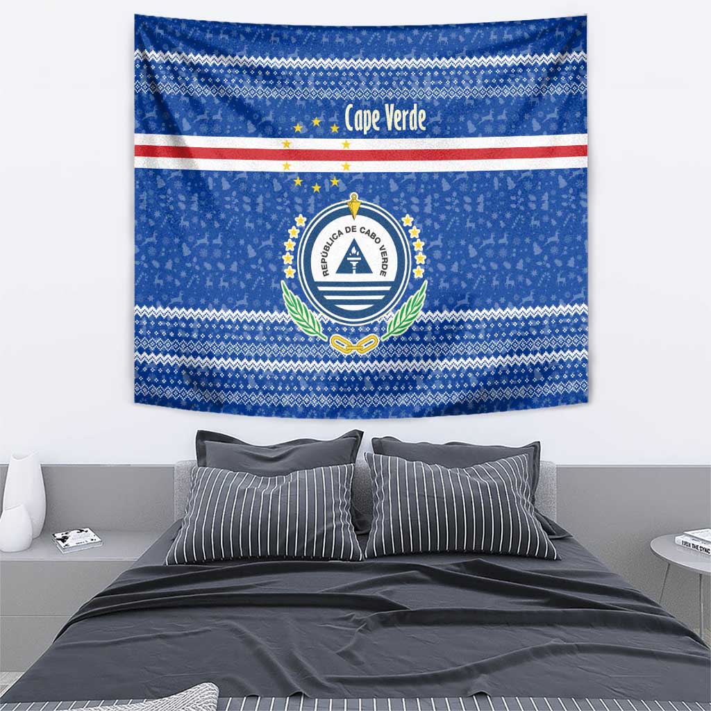 Cape Verde Christmas Tapestry with Blue Festive Pattern Sailing Santa and National Emblem Motif - Wonder Print Shop