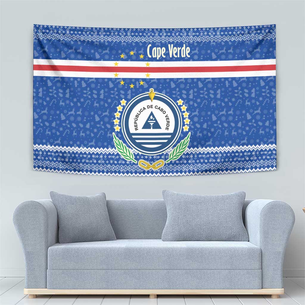 Cape Verde Christmas Tapestry with Blue Festive Pattern Sailing Santa and National Emblem Motif - Wonder Print Shop