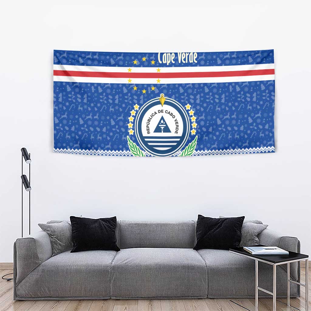 Cape Verde Christmas Tapestry with Blue Festive Pattern Sailing Santa and National Emblem Motif - Wonder Print Shop