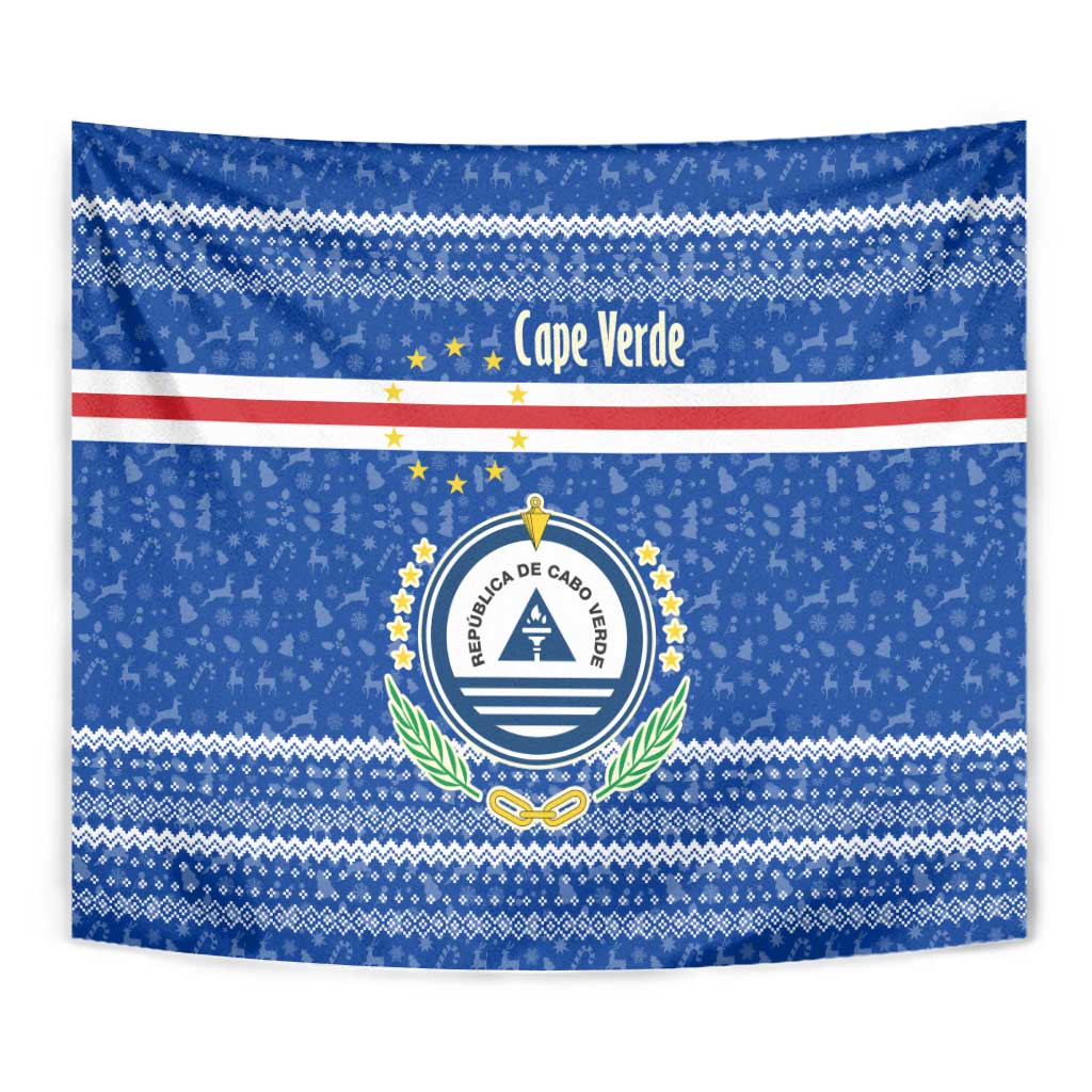 Cape Verde Christmas Tapestry with Blue Festive Pattern Sailing Santa and National Emblem Motif - Wonder Print Shop