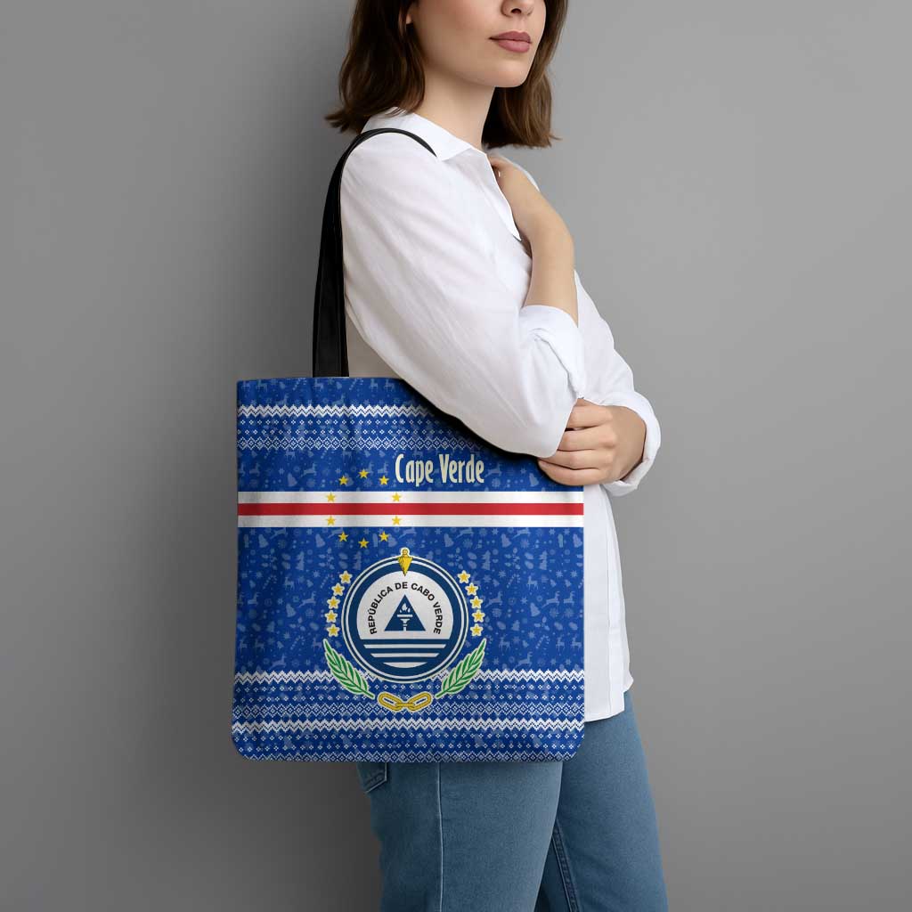 Cape Verde Christmas Tote Bag with Blue Festive Pattern Sailing Santa and National Emblem Motif - Wonder Print Shop