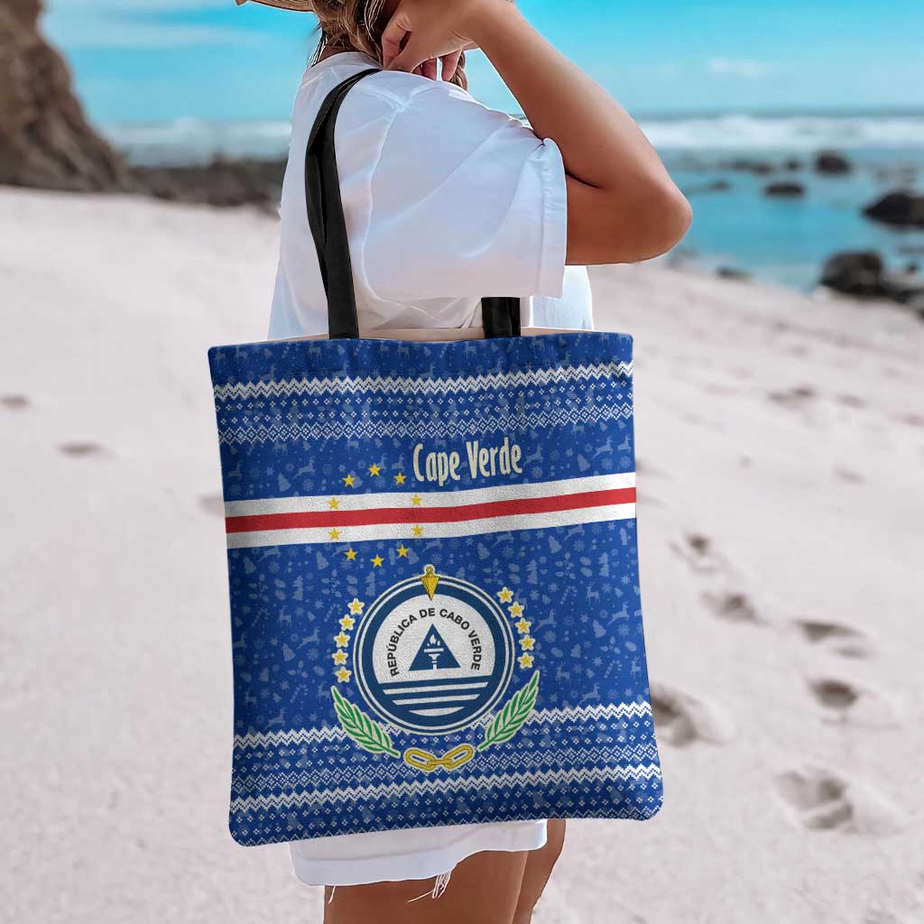 Cape Verde Christmas Tote Bag with Blue Festive Pattern Sailing Santa and National Emblem Motif - Wonder Print Shop