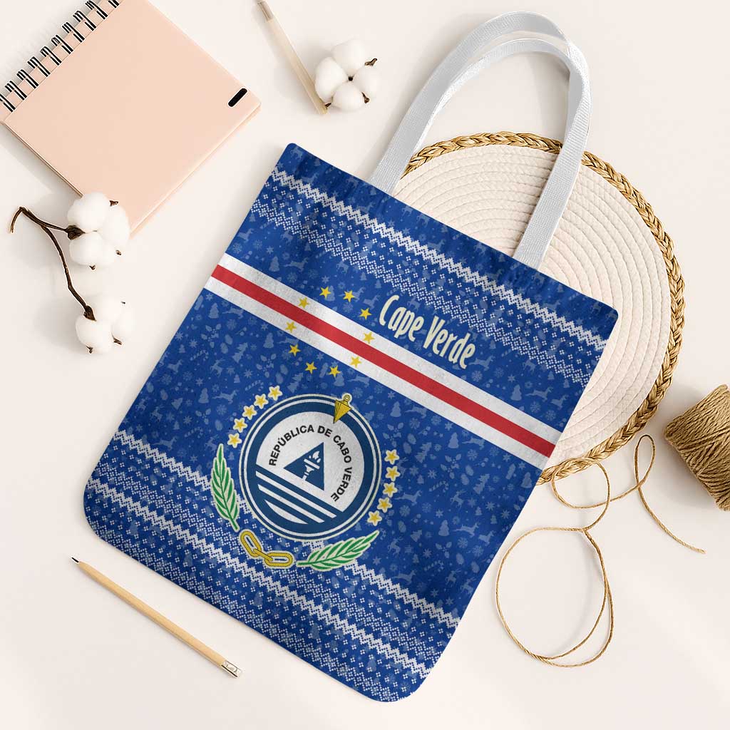 Cape Verde Christmas Tote Bag with Blue Festive Pattern Sailing Santa and National Emblem Motif - Wonder Print Shop