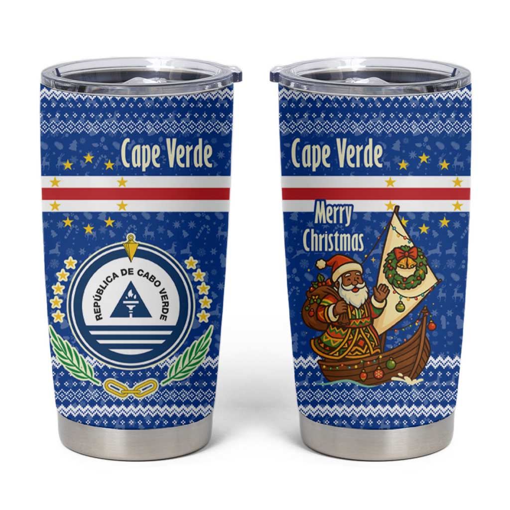 Cape Verde Christmas Tumbler Cup with Blue Festive Pattern Sailing Santa and National Emblem Motif - Wonder Print Shop