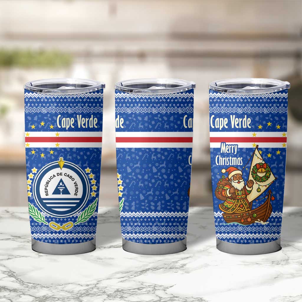 Cape Verde Christmas Tumbler Cup with Blue Festive Pattern Sailing Santa and National Emblem Motif - Wonder Print Shop