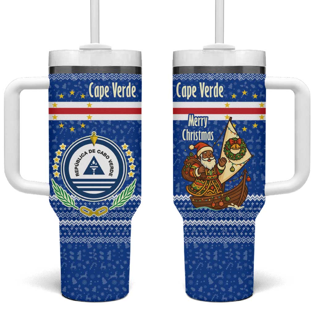 Cape Verde Christmas Tumbler With Handle with Blue Festive Pattern Sailing Santa and National Emblem Motif - Wonder Print Shop