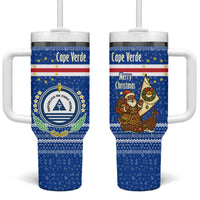 Cape Verde Christmas Tumbler With Handle with Blue Festive Pattern Sailing Santa and National Emblem Motif - Wonder Print Shop