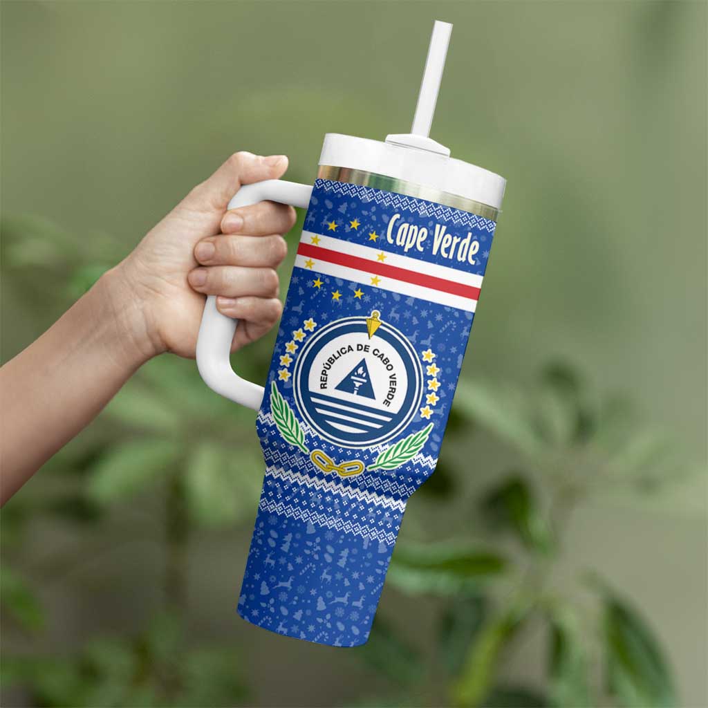 Cape Verde Christmas Tumbler With Handle with Blue Festive Pattern Sailing Santa and National Emblem Motif - Wonder Print Shop
