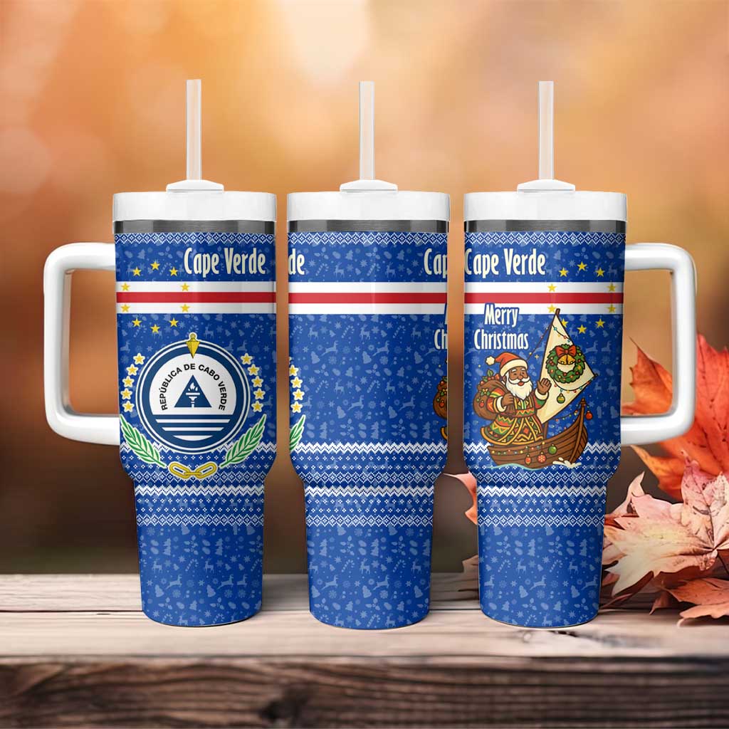 Cape Verde Christmas Tumbler With Handle with Blue Festive Pattern Sailing Santa and National Emblem Motif - Wonder Print Shop