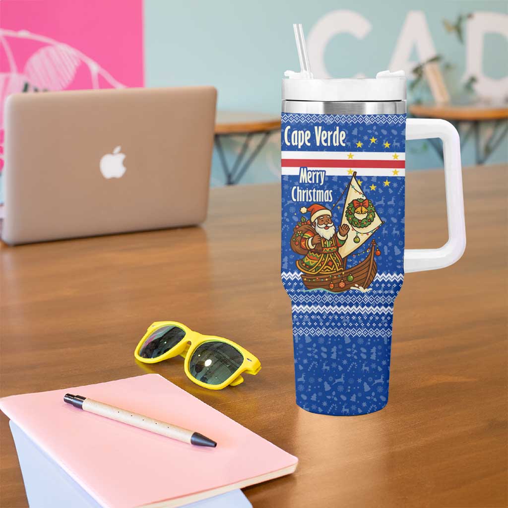 Cape Verde Christmas Tumbler With Handle with Blue Festive Pattern Sailing Santa and National Emblem Motif - Wonder Print Shop