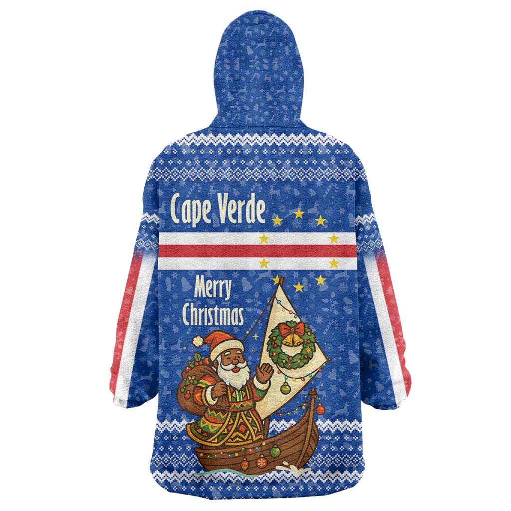 Cape Verde Christmas Wearable Blanket Hoodie with Blue Festive Pattern Sailing Santa and National Emblem Motif - Wonder Print Shop