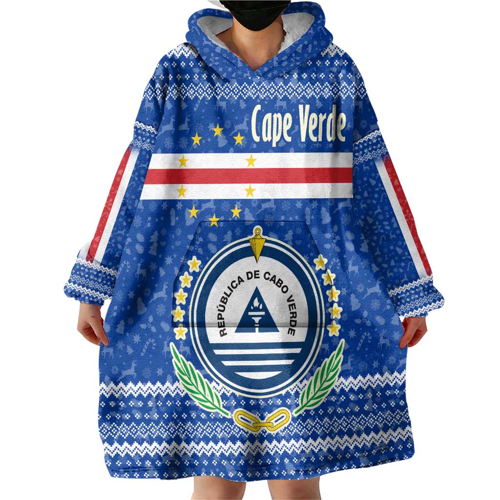 Cape Verde Christmas Wearable Blanket Hoodie with Blue Festive Pattern Sailing Santa and National Emblem Motif - Wonder Print Shop