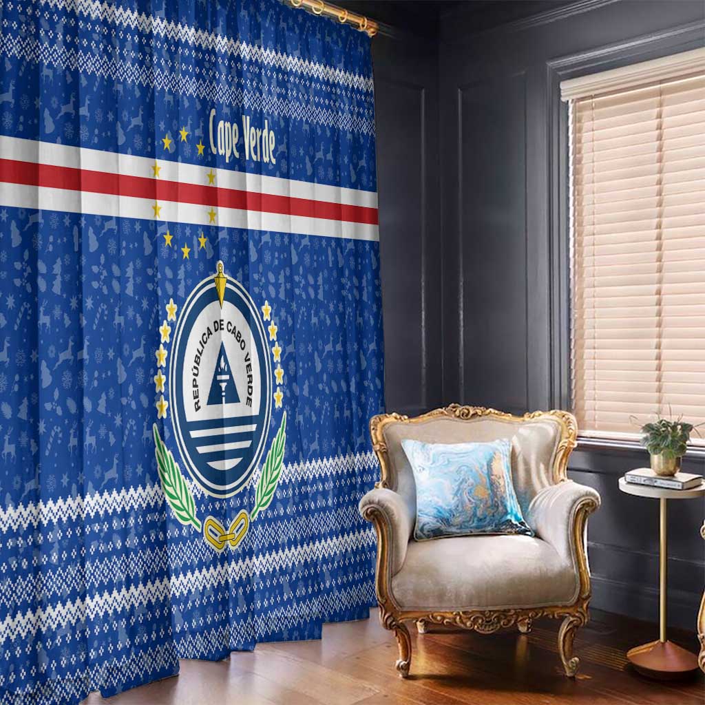 Cape Verde Christmas Window Curtain with Blue Festive Pattern Sailing Santa and National Emblem Motif - Wonder Print Shop