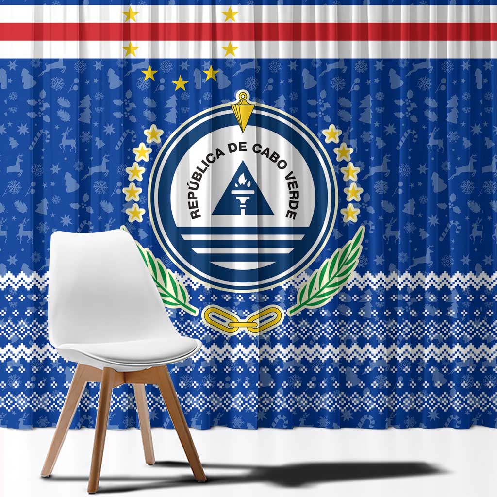 Cape Verde Christmas Window Curtain with Blue Festive Pattern Sailing Santa and National Emblem Motif - Wonder Print Shop
