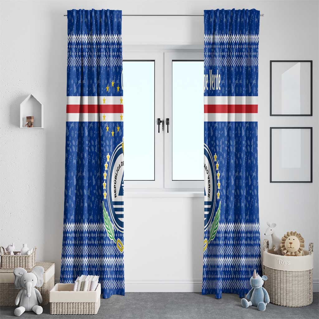 Cape Verde Christmas Window Curtain with Blue Festive Pattern Sailing Santa and National Emblem Motif - Wonder Print Shop