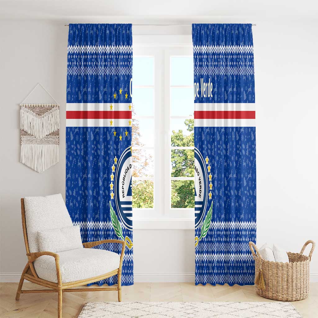 Cape Verde Christmas Window Curtain with Blue Festive Pattern Sailing Santa and National Emblem Motif - Wonder Print Shop