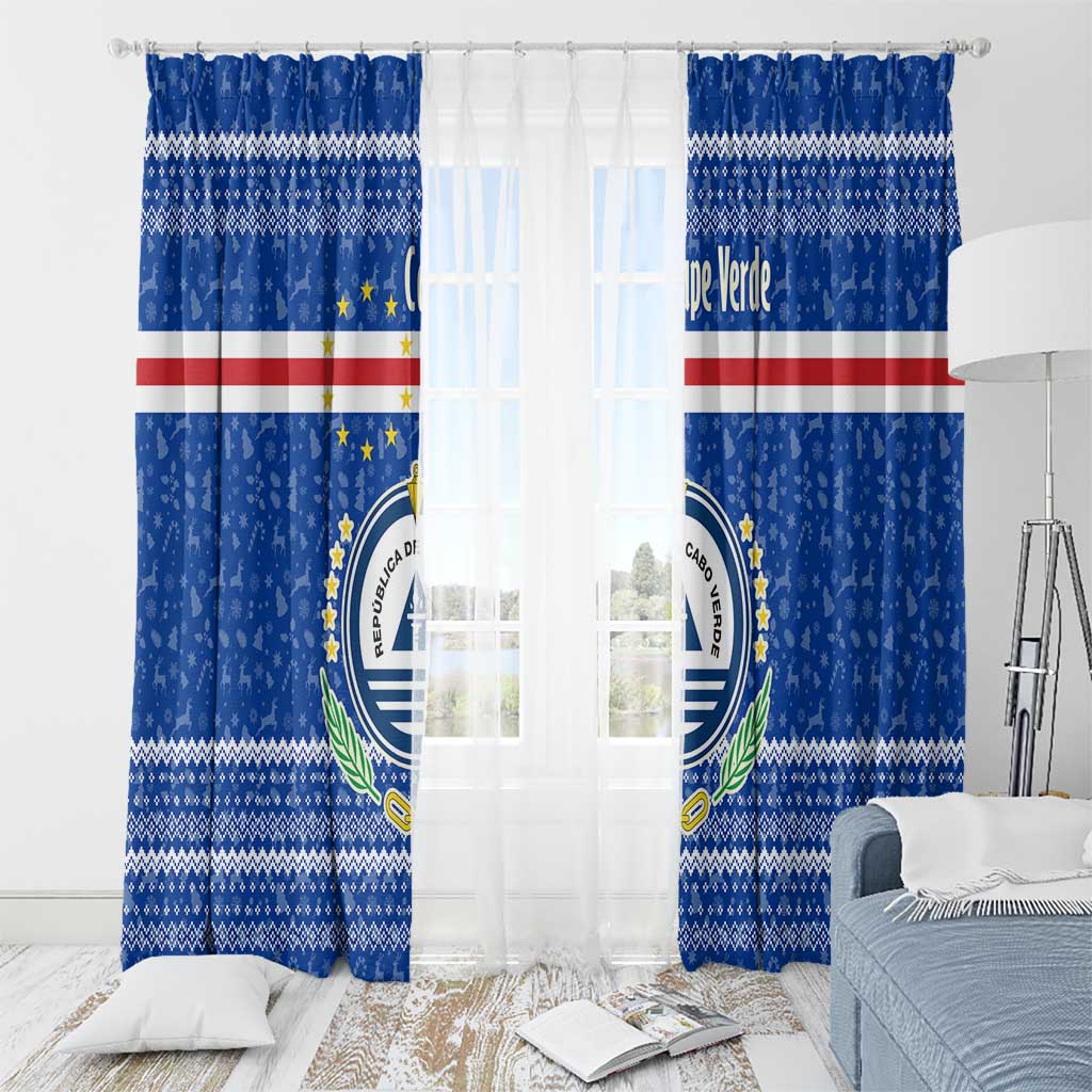 Cape Verde Christmas Window Curtain with Blue Festive Pattern Sailing Santa and National Emblem Motif - Wonder Print Shop