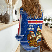 Cape Verde Christmas Women Casual Shirt with Blue Festive Pattern Sailing Santa and National Emblem Motif - Wonder Print Shop