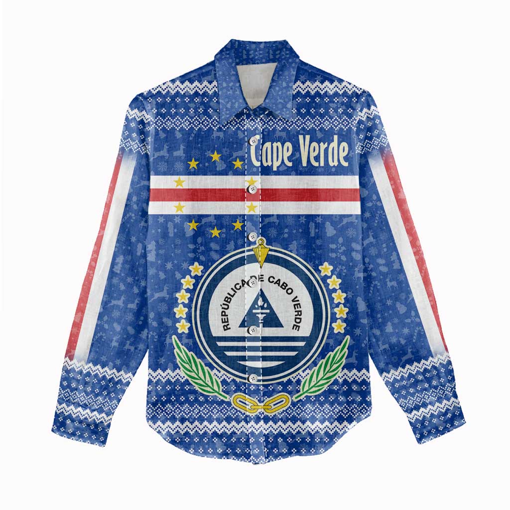 Cape Verde Christmas Women Casual Shirt with Blue Festive Pattern Sailing Santa and National Emblem Motif - Wonder Print Shop