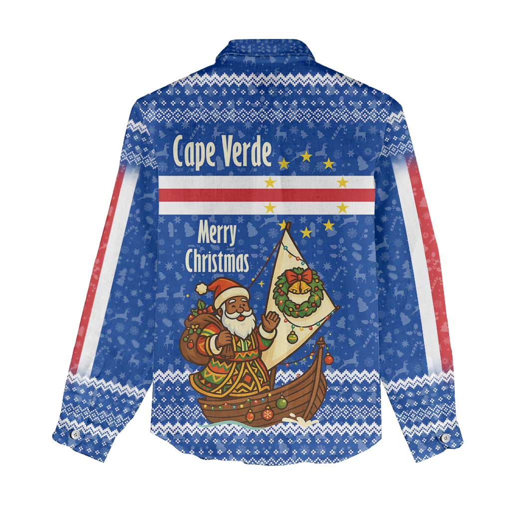 Cape Verde Christmas Women Casual Shirt with Blue Festive Pattern Sailing Santa and National Emblem Motif - Wonder Print Shop