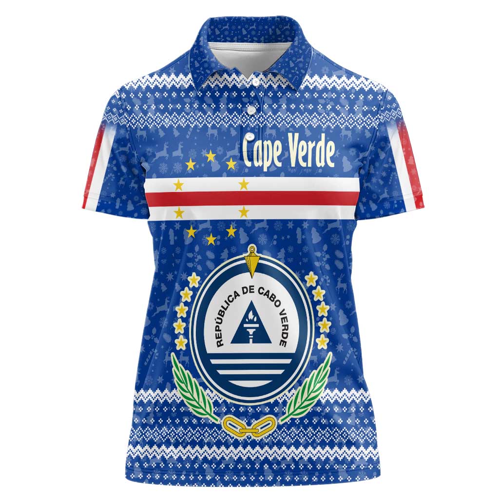 Cape Verde Christmas Women Polo Shirt with Blue Festive Pattern Sailing Santa and National Emblem Motif - Wonder Print Shop