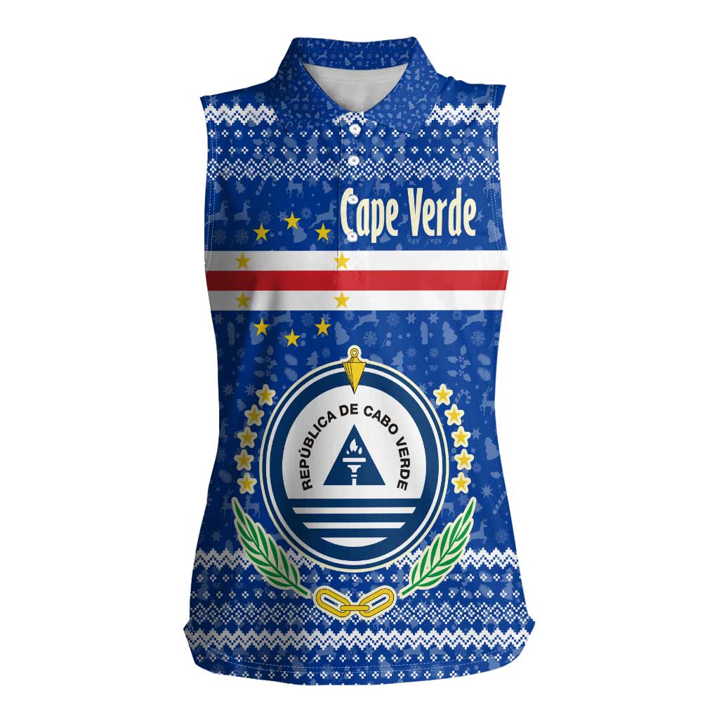 Cape Verde Christmas Women Sleeveless Polo Shirt with Blue Festive Pattern Sailing Santa and National Emblem Motif - Wonder Print Shop