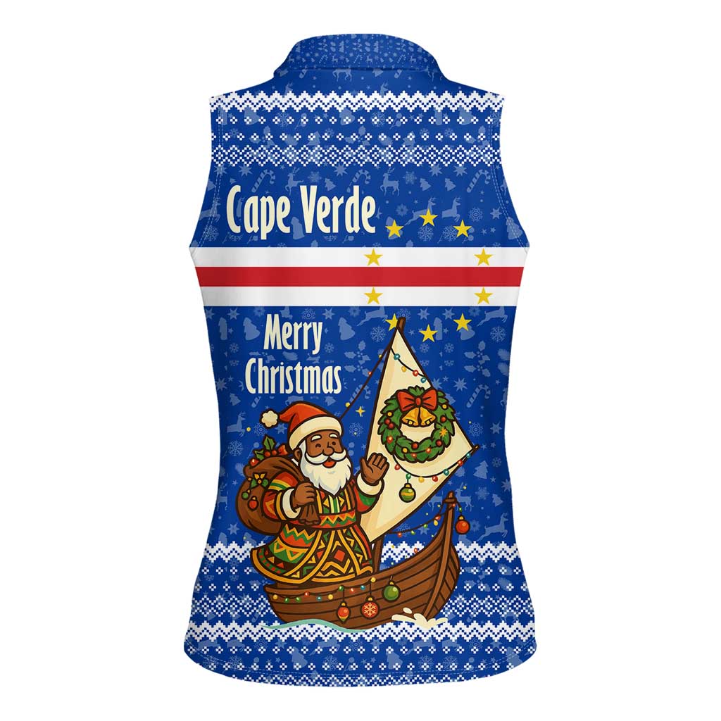 Cape Verde Christmas Women Sleeveless Polo Shirt with Blue Festive Pattern Sailing Santa and National Emblem Motif - Wonder Print Shop