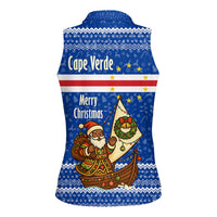 Cape Verde Christmas Women Sleeveless Polo Shirt with Blue Festive Pattern Sailing Santa and National Emblem Motif - Wonder Print Shop
