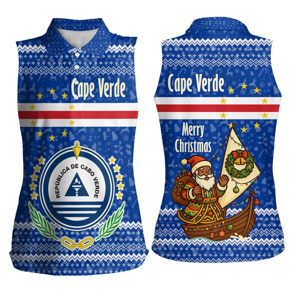Cape Verde Christmas Women Sleeveless Polo Shirt with Blue Festive Pattern Sailing Santa and National Emblem Motif - Wonder Print Shop