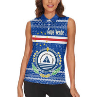 Cape Verde Christmas Women Sleeveless Polo Shirt with Blue Festive Pattern Sailing Santa and National Emblem Motif - Wonder Print Shop
