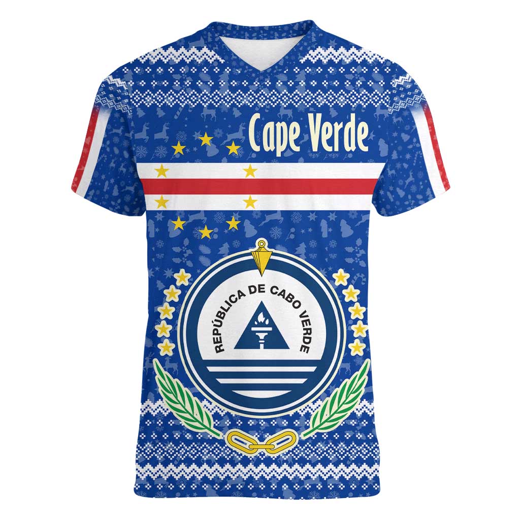 Cape Verde Christmas Women V-Neck T-Shirt with Blue Festive Pattern Sailing Santa and National Emblem Motif - Wonder Print Shop