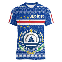 Cape Verde Christmas Women V-Neck T-Shirt with Blue Festive Pattern Sailing Santa and National Emblem Motif - Wonder Print Shop