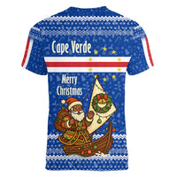 Cape Verde Christmas Women V-Neck T-Shirt with Blue Festive Pattern Sailing Santa and National Emblem Motif - Wonder Print Shop