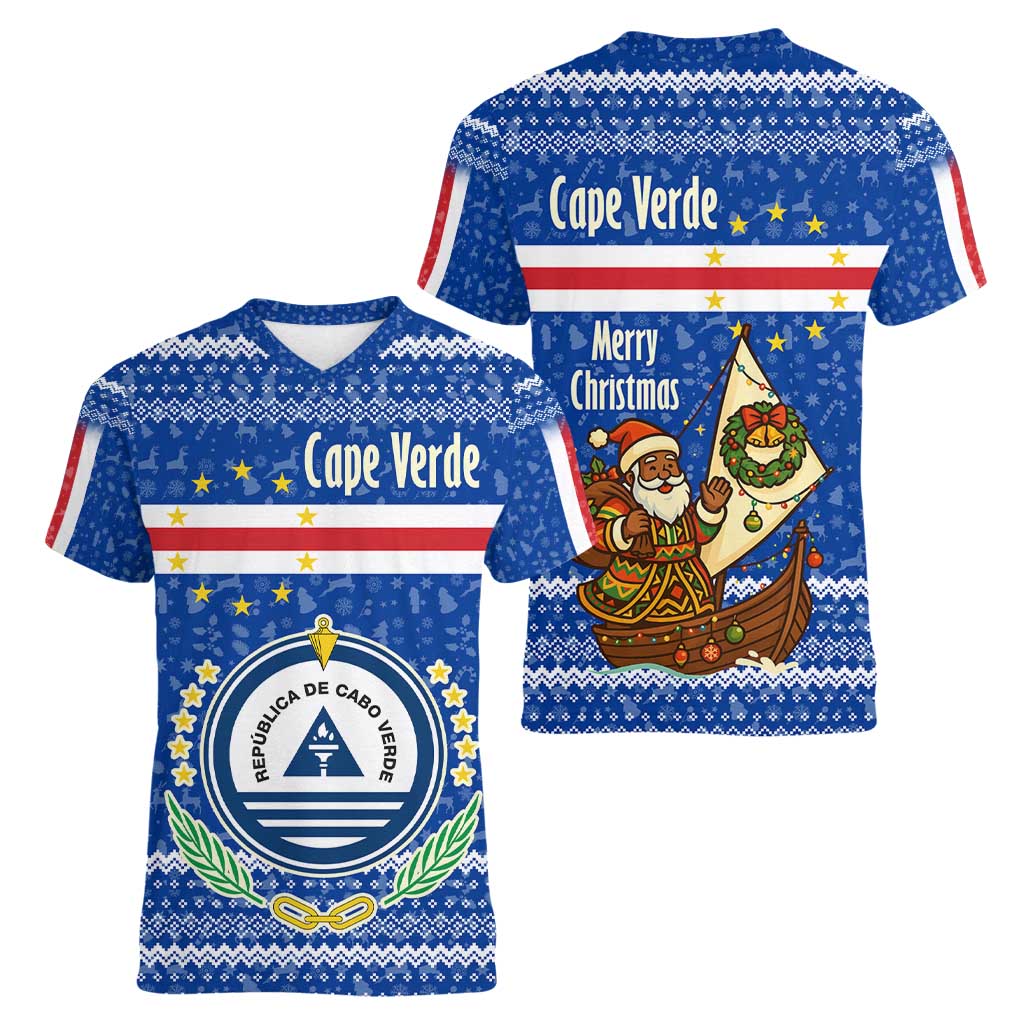 Cape Verde Christmas Women V-Neck T-Shirt with Blue Festive Pattern Sailing Santa and National Emblem Motif - Wonder Print Shop
