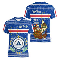Cape Verde Christmas Women V-Neck T-Shirt with Blue Festive Pattern Sailing Santa and National Emblem Motif - Wonder Print Shop