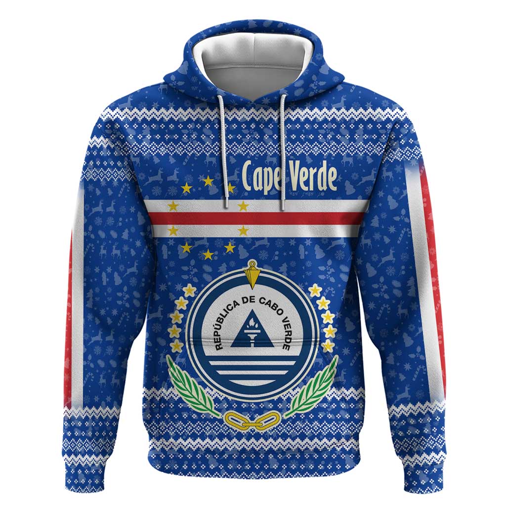 Cape Verde Christmas Zip Hoodie with Blue Festive Pattern Sailing Santa and National Emblem Motif - Wonder Print Shop